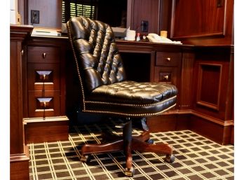 Leather And Mahogany Tufted Swivel Chair By Our House Designs