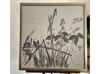 Large Chinese Watercolor Featuring Pair Of Birds Among Flora