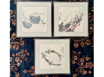 Three Framed Chinese Brushstroke Watercolors