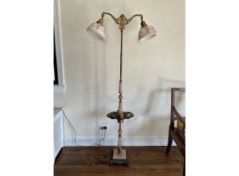 Early 20th Century Art Nouveau Brass & Pink Onyx Double Light Floor Lamp (circa 1925)