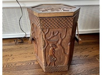 Tall Vintage Carved Wood Hexagon Container With Rope Handles