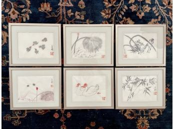 Six Custom Framed Chinese Botanical & Nature Themed Brushstroke Watercolors