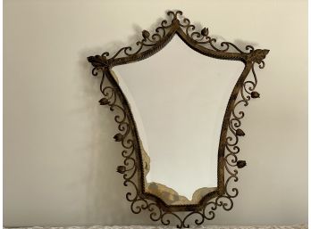 Vintage Shield Form Mirror With Metal Floral Vine Designed Frame