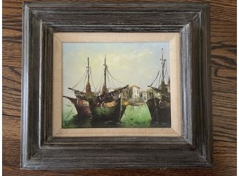 Framed Oil Of Sailing Ships, Signed