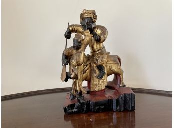 Vintage Gilt Painted Wood Carving Depicting Two Warriors & Horse