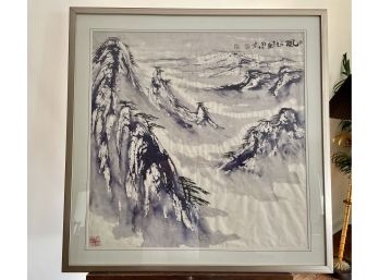 Large Chinese Snowy Mountain Range Brushstroke Watercolor