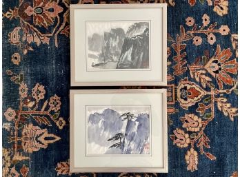 Two Framed Asian Coastal Cliffside Brushstroke Watercolors