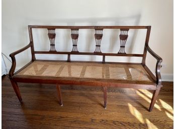 Late 19th Century English Mahogany Settee With Caned Seat & Open Work Back Splat