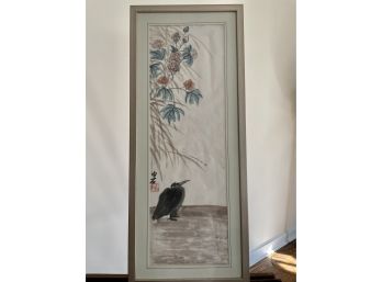 Custom Framed Chinese Black Bird & Floral Watercolor