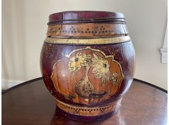 Large Round Chinese Lidded Wood Container With Polychrome Decoration