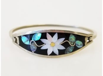 Vintage Alpaca Mexico Sterling Silver Hinged Bracelet With Abalone & Mother Of Pearl Inlay