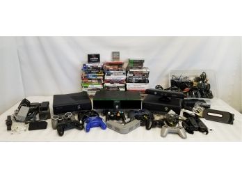 Large Mixed Gaming Lot: Two X-Box 360 Consoles, Game Manager, Various Controllers, Power Supplies & Games
