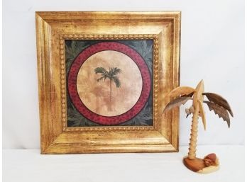 Gold Framed Palm Tree Painting Wall Art & Hand Carved Wooden Palm Tree With Turtle