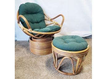Awesome Vintage Boho Bamboo Rattan Swivel Lounge Chair And Matching Ottoman With Cushions