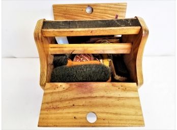 Vintage Wooden Shoe Shine Carrier Box  With Accessories