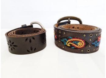 Two Retro Hippy Mod Style Brown Leather Belts