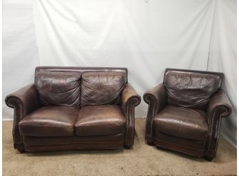 Well Loved Brown Leather Loveseat & Chair