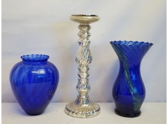 Decorative Assortment - Two Cobalt Blue Vases & Mercury Glass Pillar Candle Holder