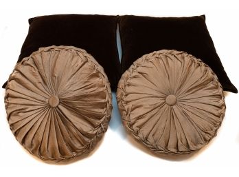 Pottery Barn Rich Chocolate Tone Velvet Pillows, And Mocha Tone Circular Pleated Accent Pillows - 2 Pairs