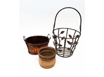 Signed Hand Formed Studio Pottery, Painted Wooden Basket And Metal Basket With Openwork Leaf Motif