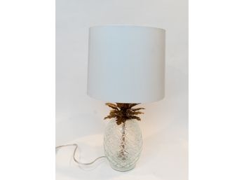 Pineapple Form Table Lamp W Cut Glass Body, Gold Tone Metal Leaves & Lined Shade