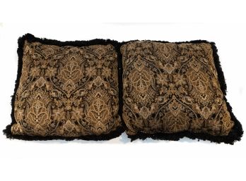 Intricate Patterned Upholstered Accent Pillows W Black Fringe Trim - A Pair (Never Used)