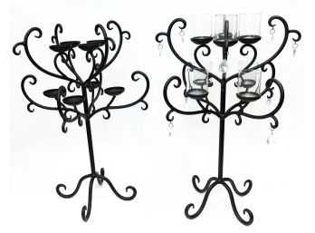 Pottery Barn Eight Light Metal Candelabras With Scroll Design & Hanging Prisms - A Pair