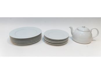 IKEA 365 White Ceramic Plates 6 Dinner, 6 Salad And Threshold White Porcelain Teapot