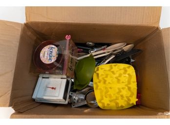 Box Of Kitchen Gadgets, Utensils, Weighing Scales, Etc