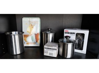 Collection Of Kitchen Accessories, Stainless Steel Storage Containers & Rotating Wall Mount For A Speaker