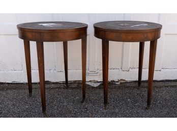 Walnut Tone Circular Accent Tables W Scalloped Leather Tops And Caster Feet - Possibly Antique