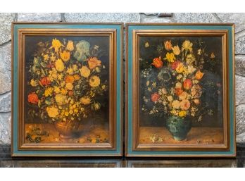 Vintage Gilt And Green Tone Painted Frames W Floral Still Life Prints