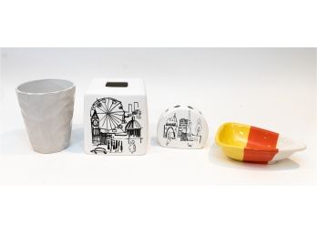 London Themed Painted Ceramic Toothbrush Holder & Tissue Box, Acorn Candy Dish, And White Ceramic Vase