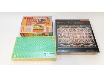 Vintage Tinkertoy Set, NIB Museum Collection Michelangelo 1000 Piece Puzzle And NIB The Chameleon