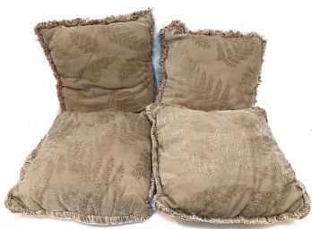 Set Of Four Plush Mocha Tone Accent Pillows W Leaf Design - Like New!