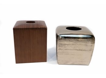 Silver Tone Metal & Wooden Tissue Boxes - A Duo