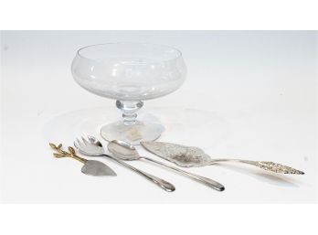 Pottery Barn Glass Pedestal Dish, Silver Plated Italian Salad Servers,SP Vintage Cake Knife & Leaf Form Knife