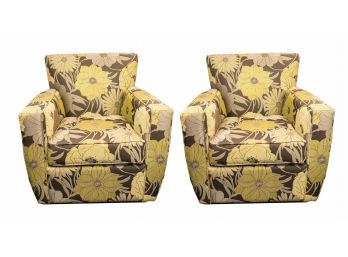 Crate & Barrel Club Chairs W Yellow Floral Upholstered Fabric - A Pair