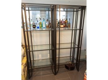 Pair Glass & Brushed Bronze Tone Metal Standing Shelves - Matches Item 792192