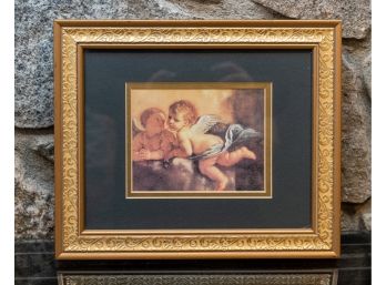 Winged Cherubs Print, Ornate Gold Frame W Double Mat