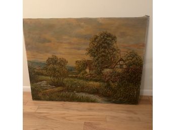 Large Antique French Oil On Canvas Country Scene By E.S De Poiur