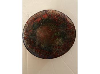 Metal Painted Enameled Bowl / Trinket Dish With Copper Accents