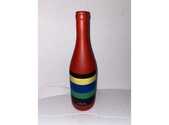 Oil Painted Glass Bottle, Linear Art, With Cork Stopper, Signed Scholla, 1986