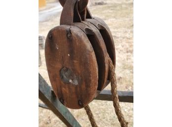 Antique Wood Block & Tackle Pulley With Length Of Rope & Wrought Iron Hook - Just Removed From Barn Beam!!!