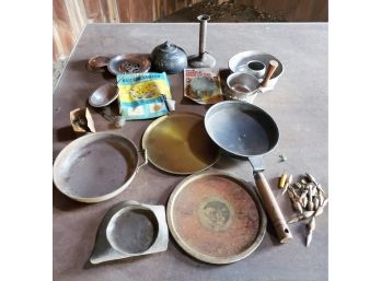 Pot Luck Antique & Vintage Kitchen Gadgets, Pans, Trays, Primitive Candle Holder And More