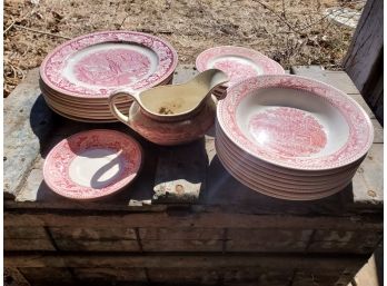 Vintage Homer Laughlin Currier & Ives & Royal Ironstone Memory Lane Pink Transferware Dinnerware