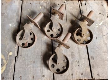 Set Of Four Antique All Steel Commercial Industrial Caster Wheels