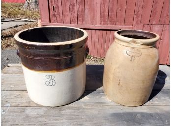 Two Antique Stoneware Salt Glazed Crocks, 3 Gallon &  Brown Brothers Huntington, LI  One-gallon Crock