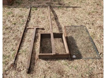 Grouping Of Antique Farm Tools, Pitchfork, Sifter, Metal Grate And More