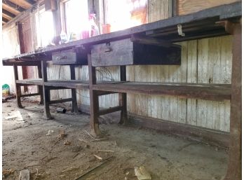 Huge Antique  Wood & Steel Barn Workbench